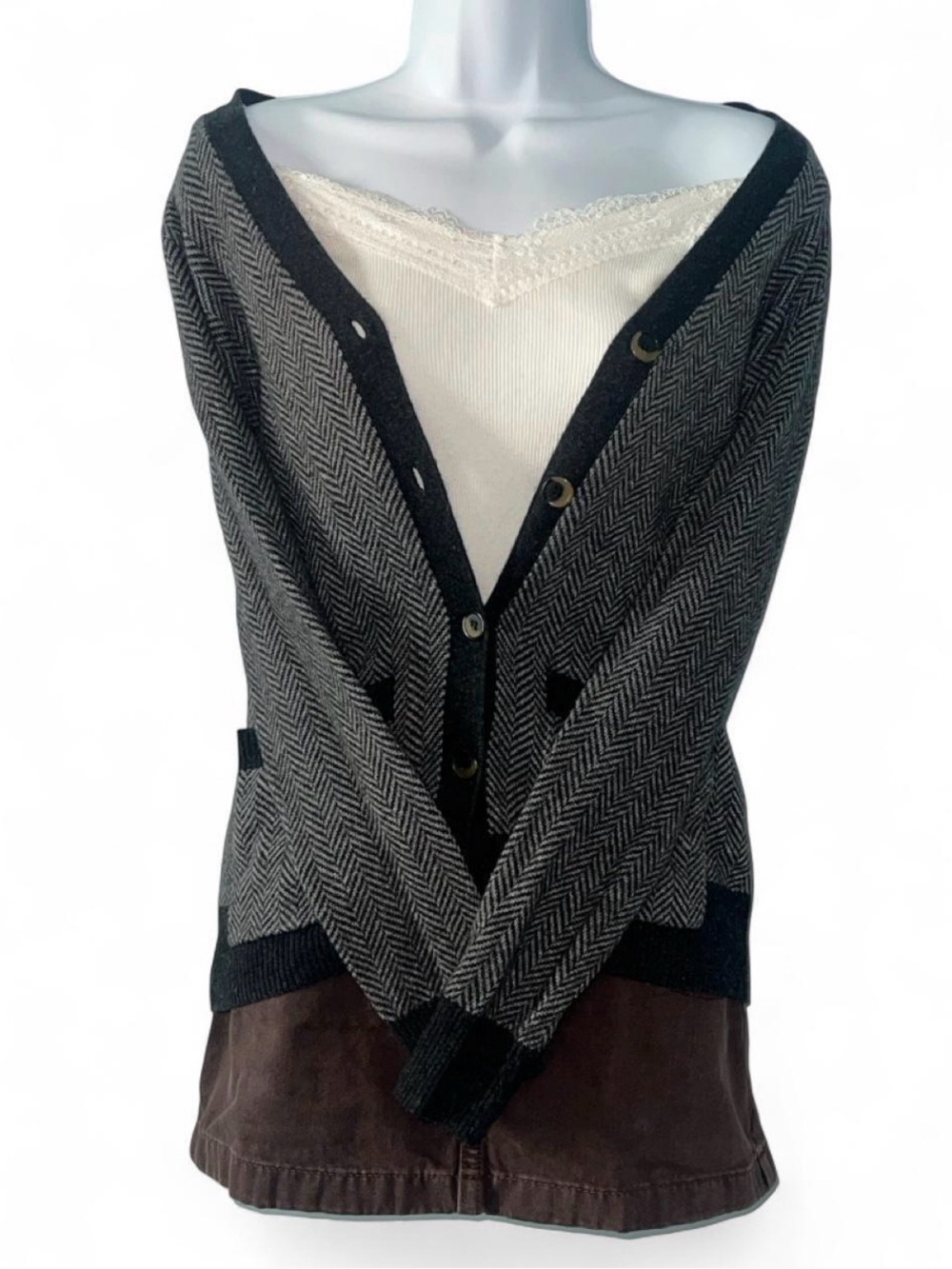 J. Crew Black & Gray Herringbone V-Neck Cardigan